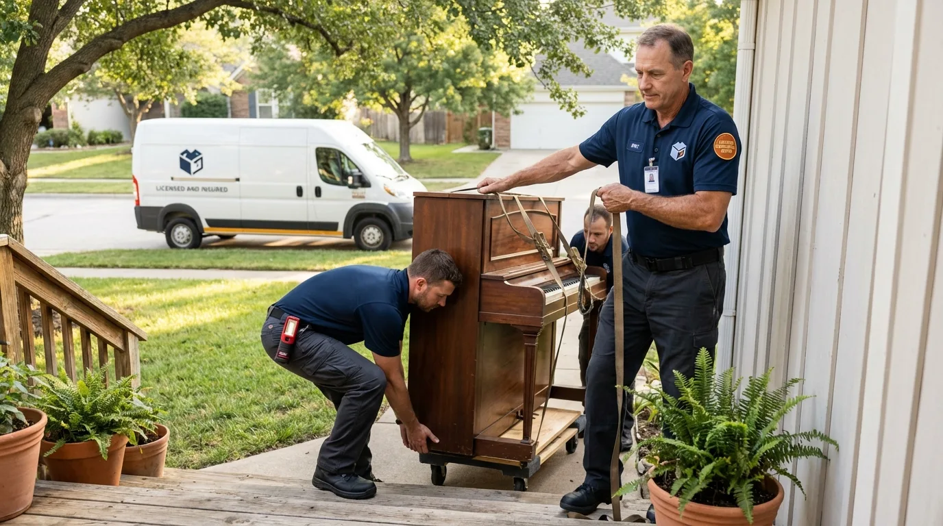 Licensed piano movers securing grand piano in San Diego, CA