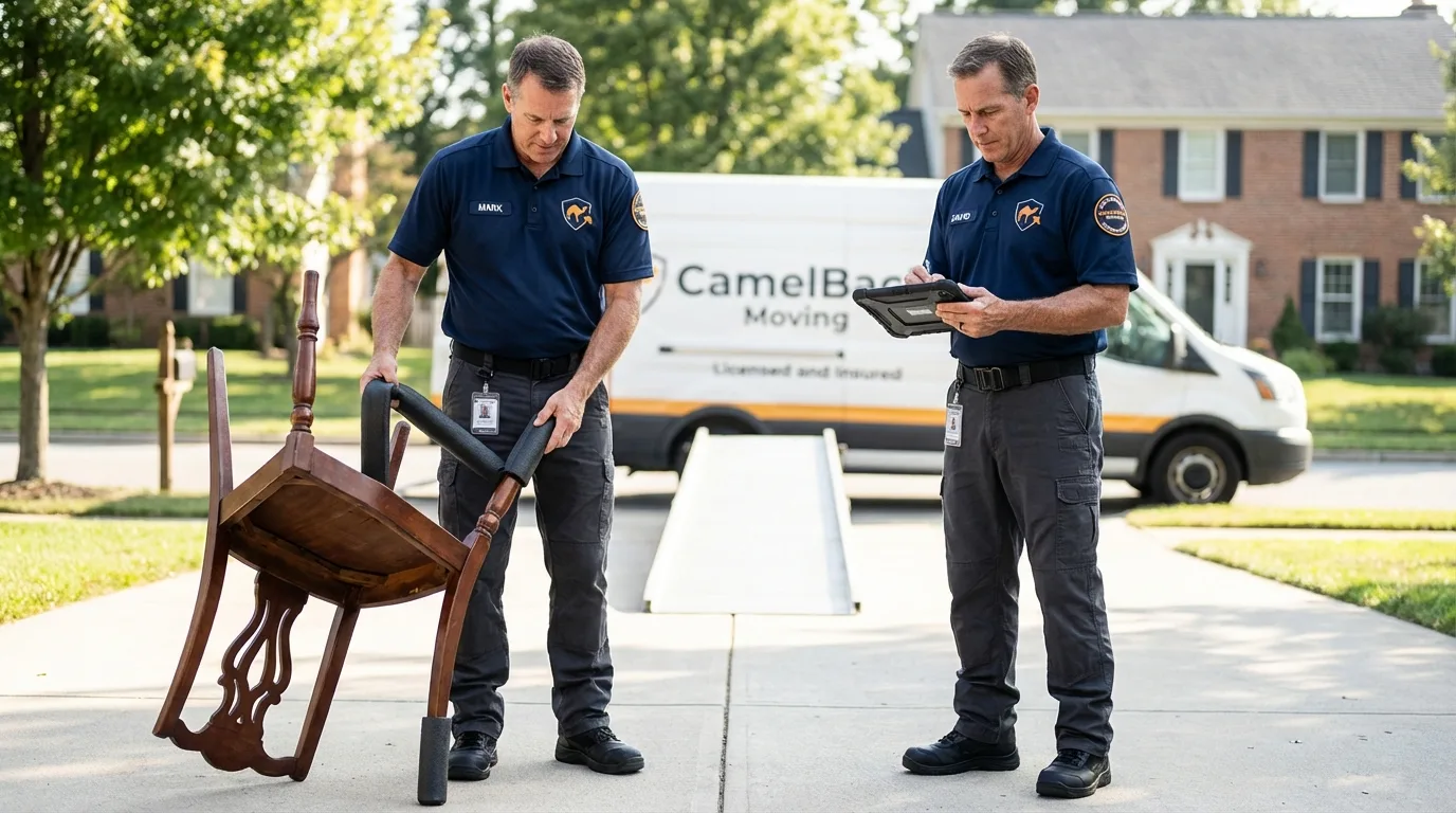 Movers inspecting furniture for damage prevention before loading in San Diego, CA