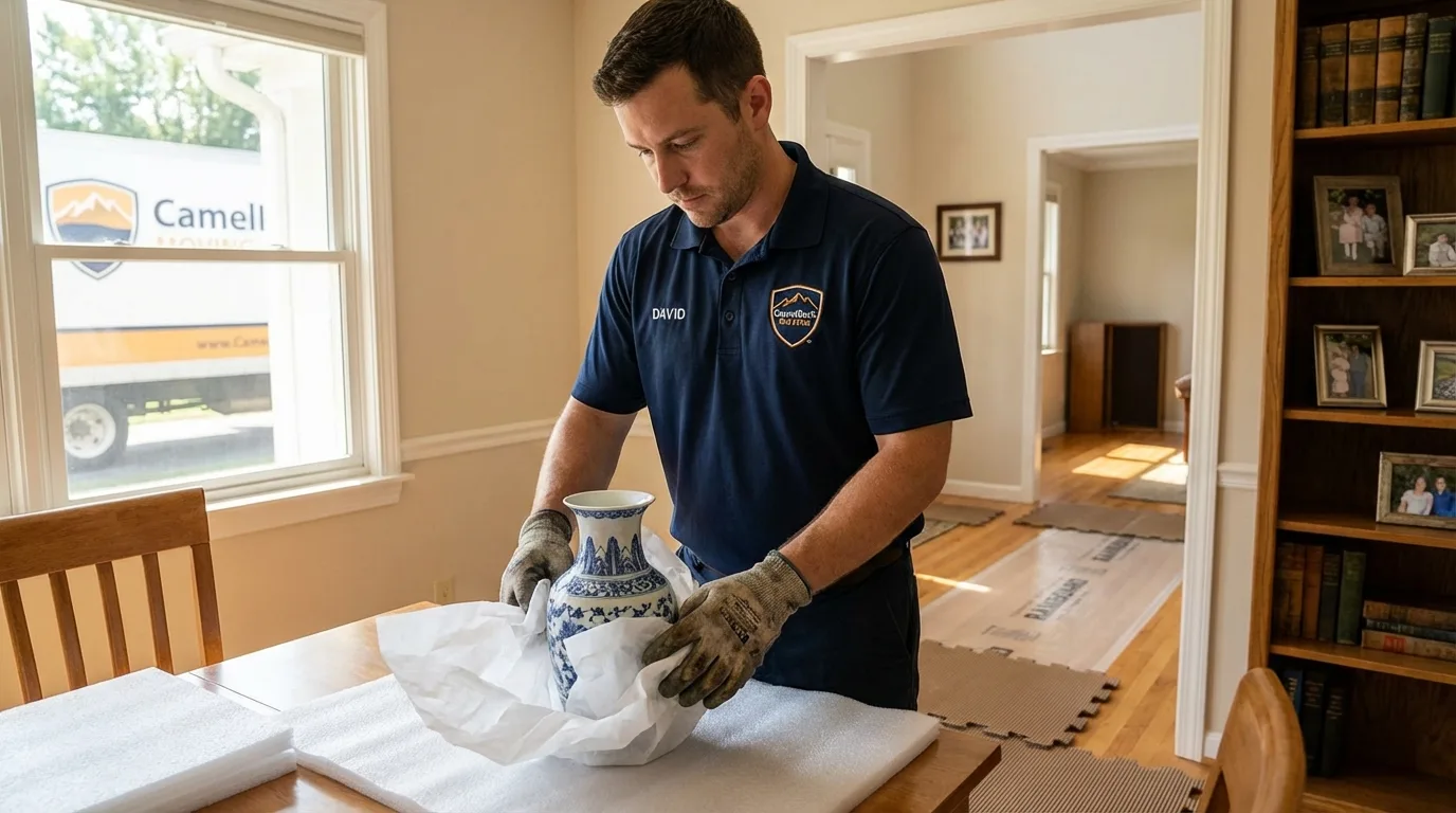 Professional crew carefully wrapping antique vase for senior downsizing move in San Diego, CA